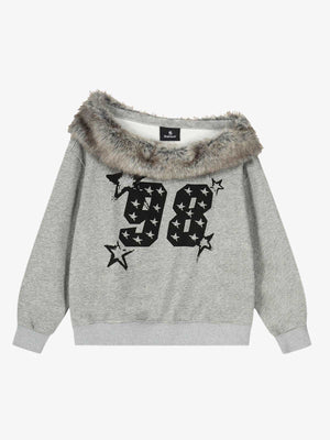 Off-Shoulder Fur Collar '98' Graphic Sweatshirt