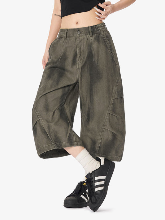 Olive Washed Wide-Leg Cargo Shorts