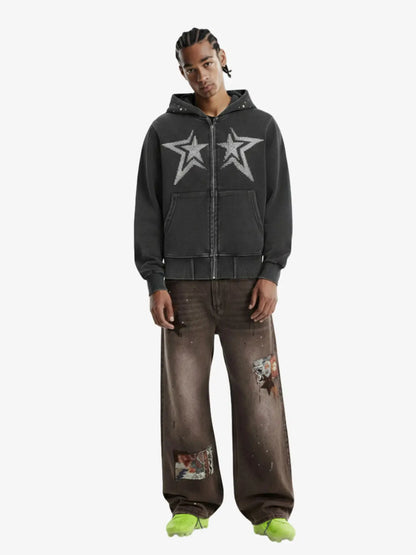 Vintage Washed Symmetrical Star Rhinestone Zip-Up Hoodie 