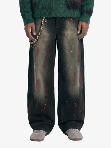 Vintage Inkjet Dirty Dye Washed Scimitar Distressed Jeans 