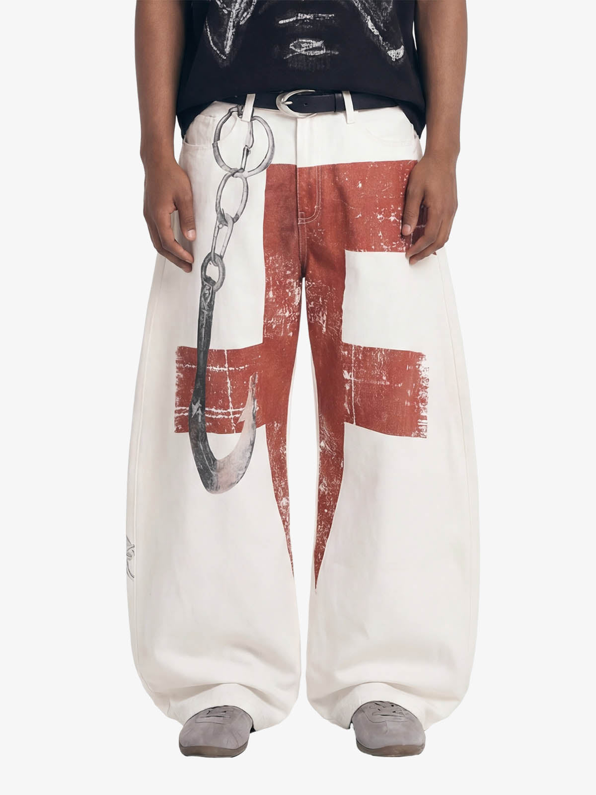 Vintage Distressed Chain Print Oversized Canvas Baggy Pants 