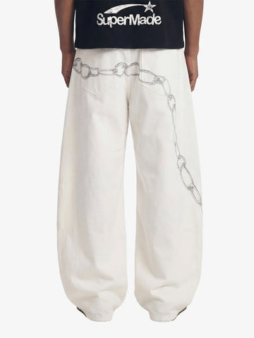 Vintage Distressed Chain Print Oversized Canvas Baggy Pants 