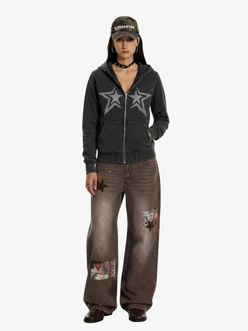Vintage Washed Symmetrical Star Rhinestone Zip-Up Hoodie 