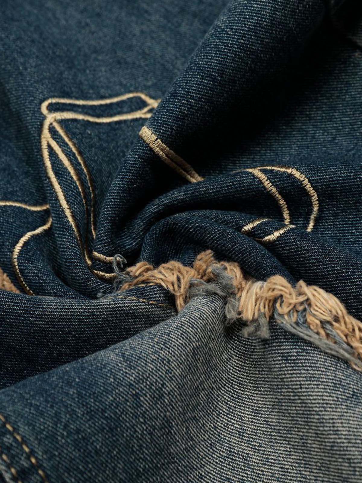 Vintage Embroidered Washed Raw-Edge Graffiti Scimitar Jeans 