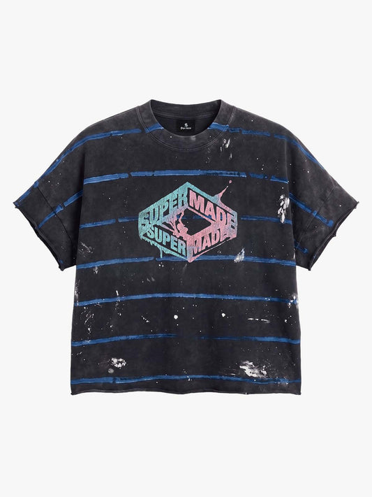 Vintage Washed Striped Paint Splatter Graphic T-Shirt
