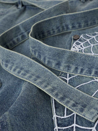 Embroidered Spiderweb Denim Shorts