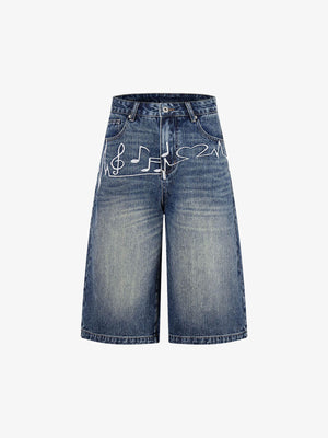 Music Print Denim Shorts with Embroidered Notes