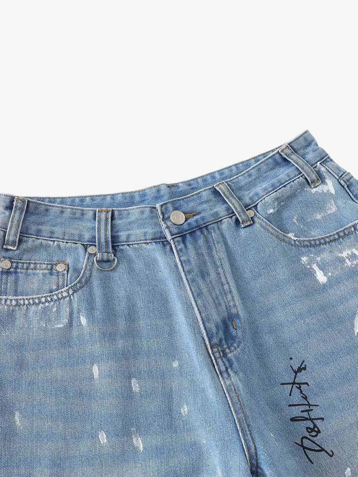 Light Wash Distressed Denim Shorts – Graffiti Print Wide-Leg Streetwear