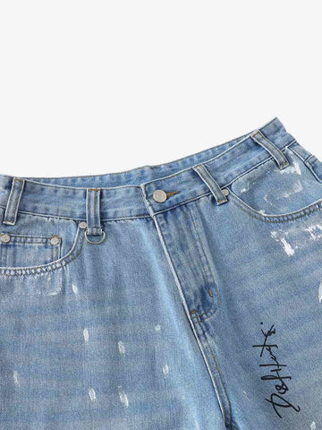 Light Wash Distressed Denim Shorts – Graffiti Print Wide-Leg Streetwear