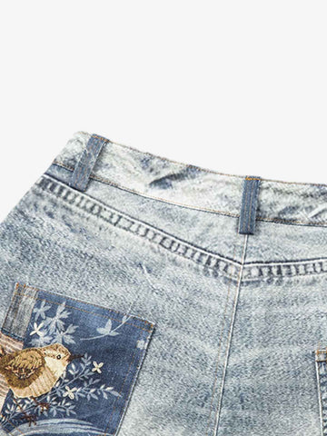 Charm Detail Graphic Denim Shorts
