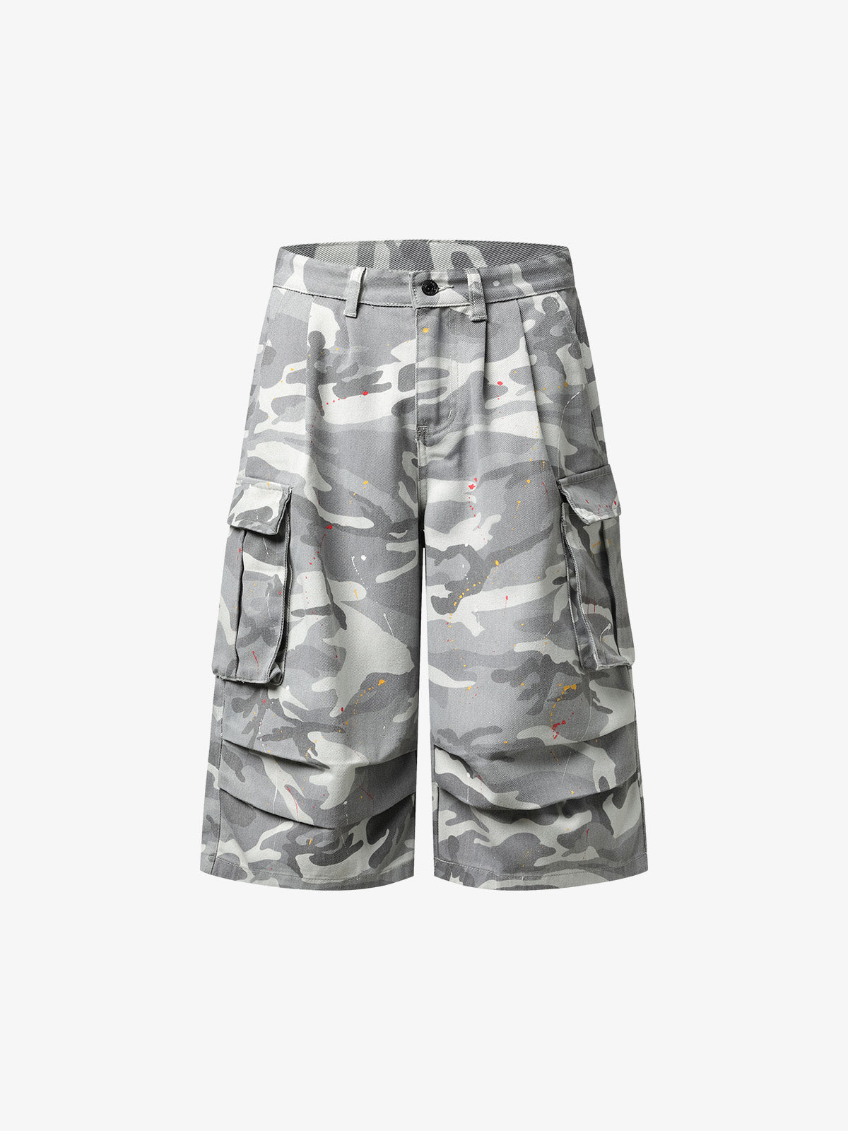 Camo Cargo Shorts with Paint Splatter – Relaxed Fit Utility Streetwear
