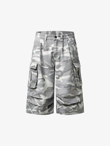 Camo Cargo Shorts with Paint Splatter – Relaxed Fit Utility Streetwear
