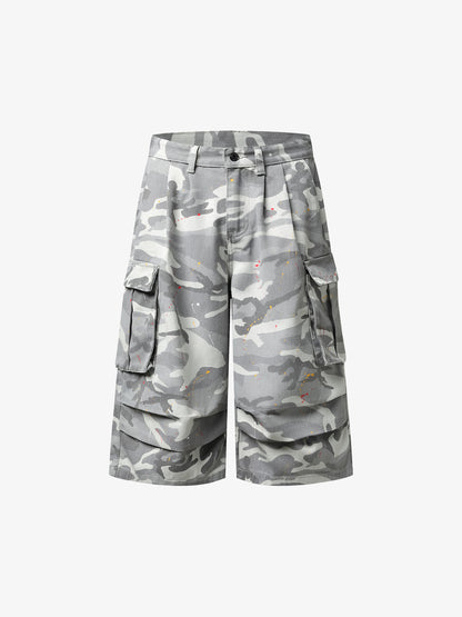 Camo Cargo Shorts with Paint Splatter – Relaxed Fit Utility Streetwear