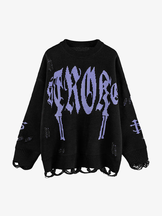 High Street Letter Jacquard Ripped Tassel Sweater 