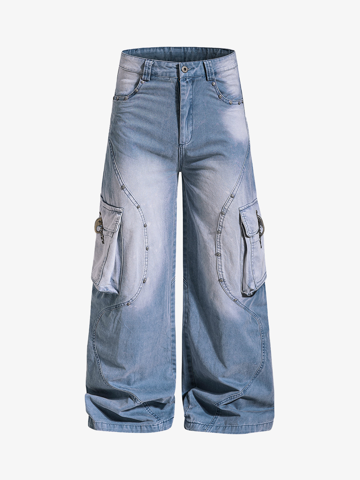 Studded Curved Seam Cargo Jeans 