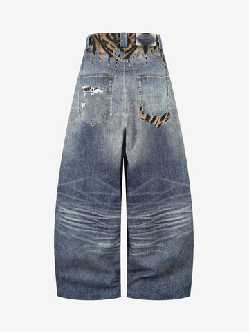 Vintage Washed Tiger Print Wide Leg Denim Jeans 