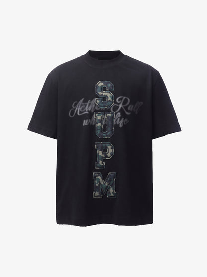 Camo Letter Patchwork Casual T-Shirt