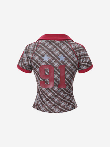 Y2K Plaid Lapel Slim-Fit T-Shirt