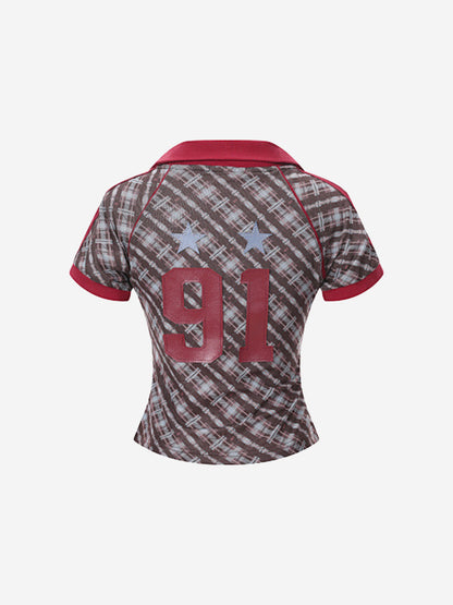 Y2K Plaid Lapel Slim-Fit T-Shirt