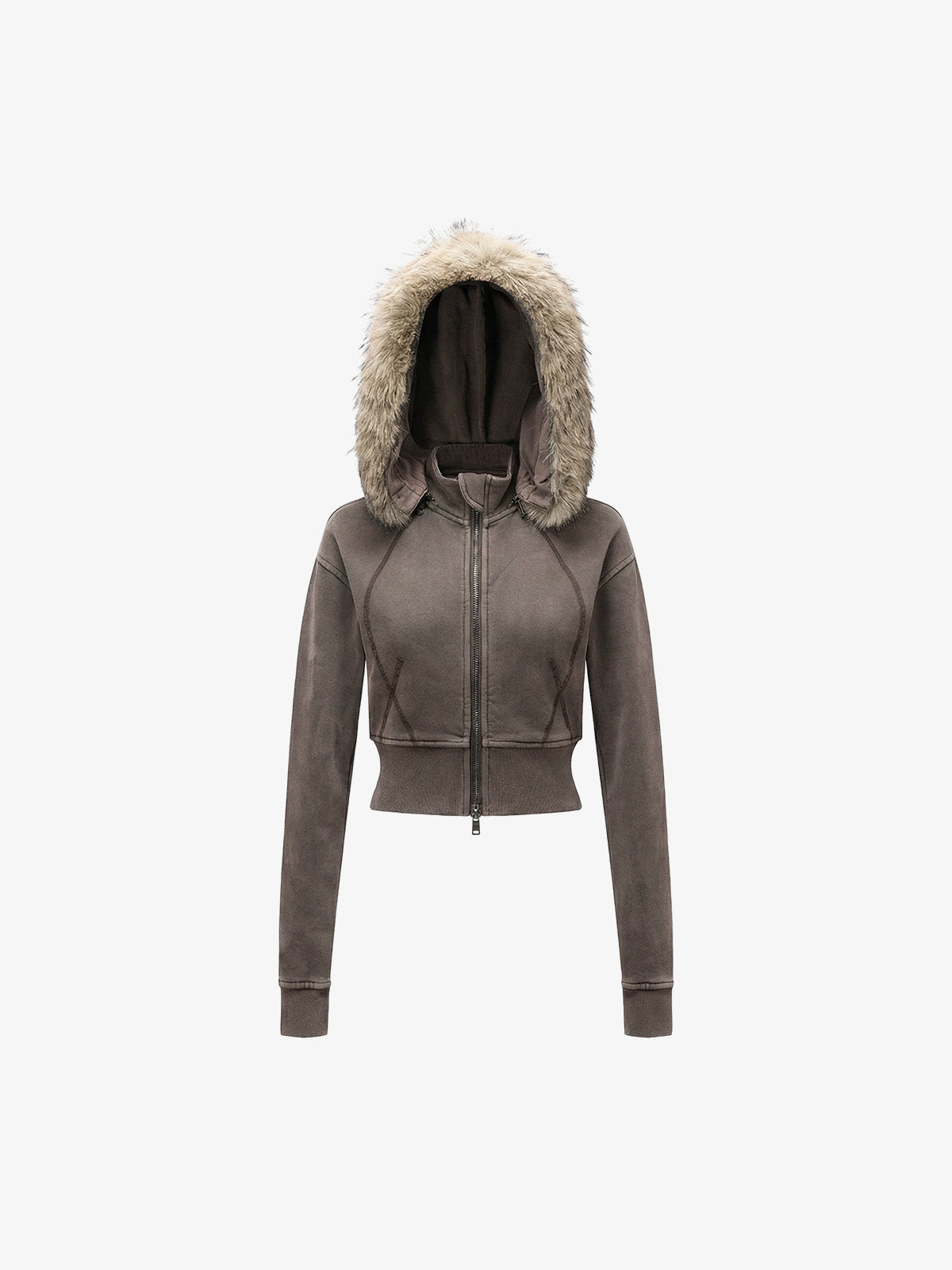 Distressed Faux Fur Slim Zip-Up Hoodie