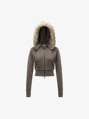 Distressed Faux Fur Slim Zip-Up Hoodie