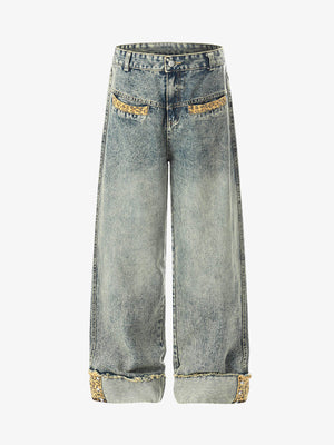 Leopard Print Trim Washed Jeans 