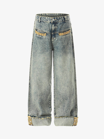 Leopard Print Trim Washed Jeans 