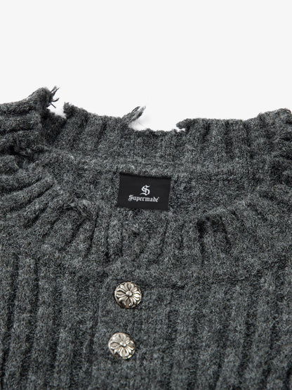 Knitted Distressed Diamond Pattern Raw Edge Sweater 