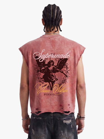 Vintage Washed Distressed Angel Graphic Sleeveless T-Shirt 