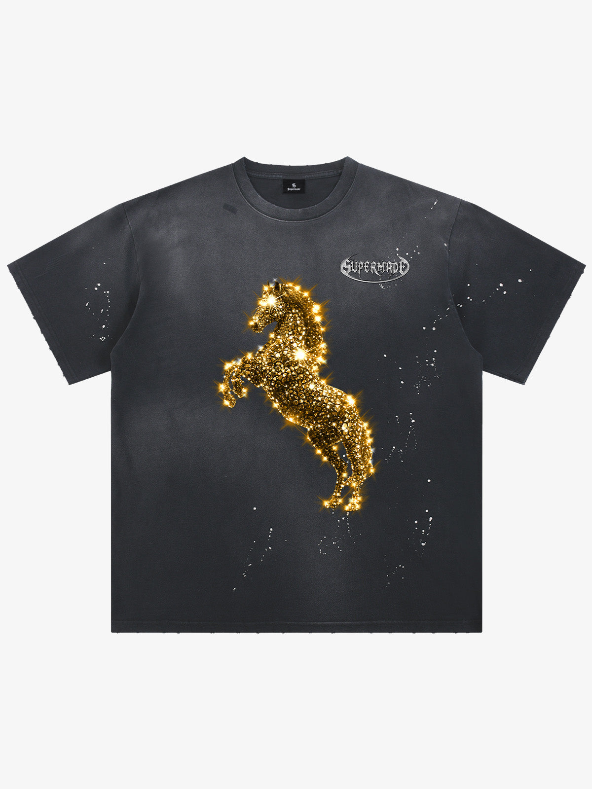 Vintage Wash Glitter Horse Pattern Splash Ink T-Shirt 