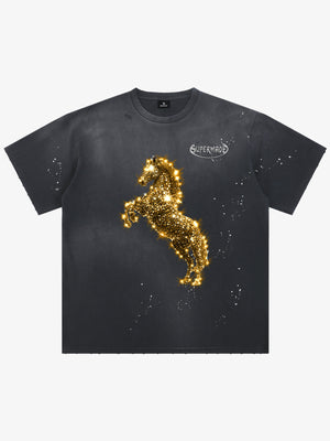 Vintage Wash Glitter Horse Pattern Splash Ink T-Shirt 
