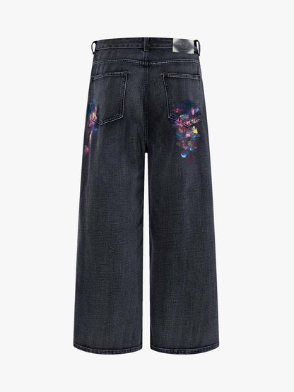 Retro Distressed Colorful Graffiti Art Print Jeans 