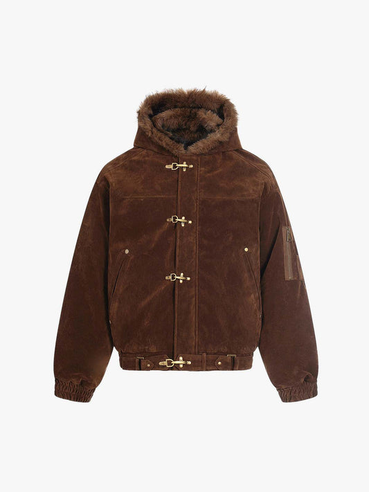 Streetwear Metal Clip Faux Fur Hooded Suede Bomber Jacket - 2597 