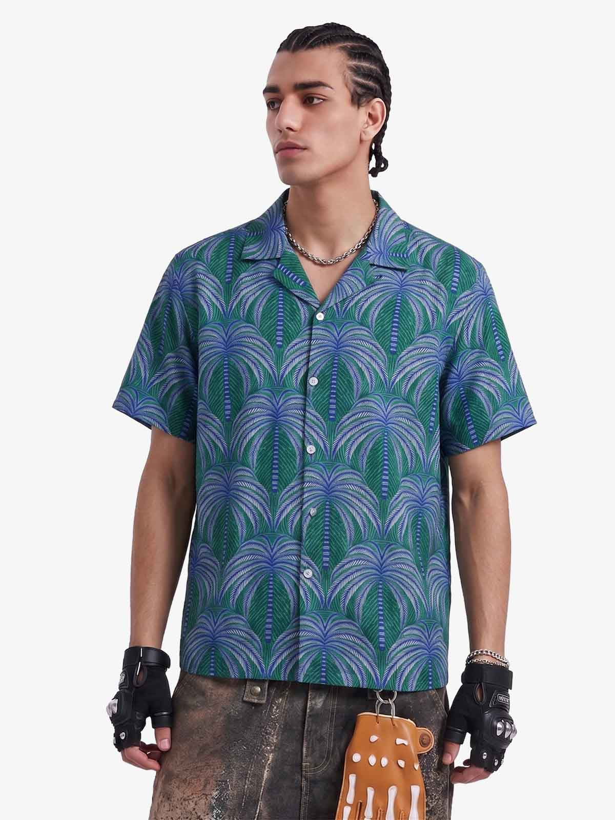 Teal Palm Leaves Hawaiian ShirtVacation Design