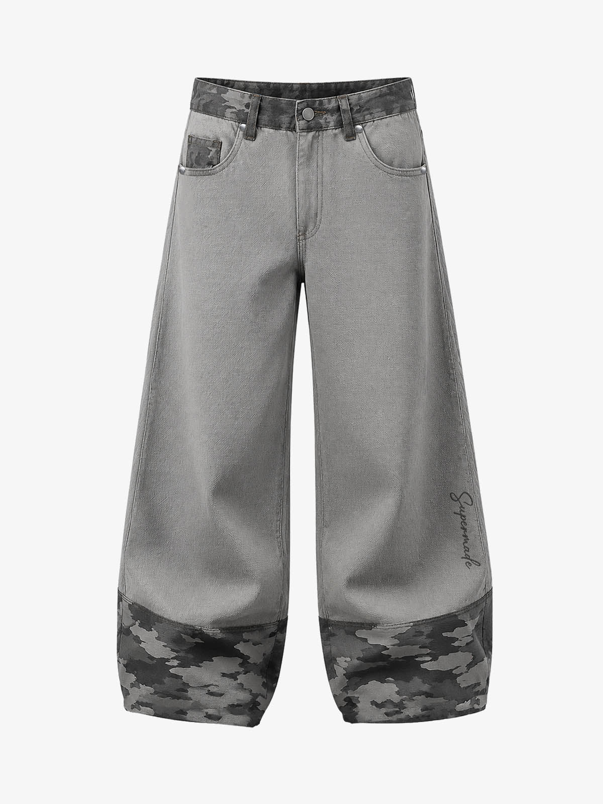 Light Grey Camo Wide-Leg Pants with Embroidered Detail