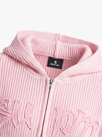 Pink Knit Fleece Zip-Up Hoodie with Embroidered Logo