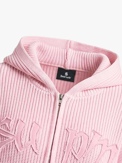 Pink Knit Fleece Zip-Up Hoodie with Embroidered Logo