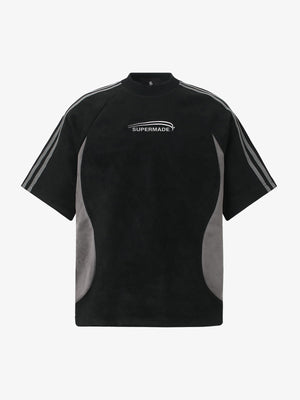 Cotton Blend Oversized Sport T-Shirt with Contrast Panels and Logo Print 
