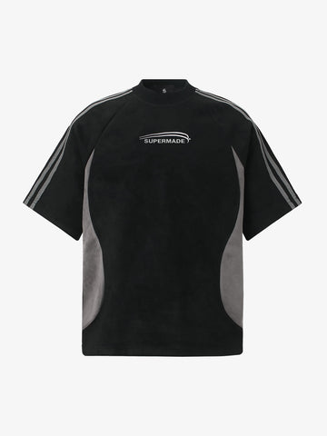 Cotton Blend Oversized Sport T-Shirt with Contrast Panels and Logo Print 