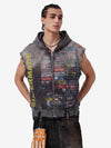 Distressed Multi-Label Graphic Sleeveless Zip Hoodie 