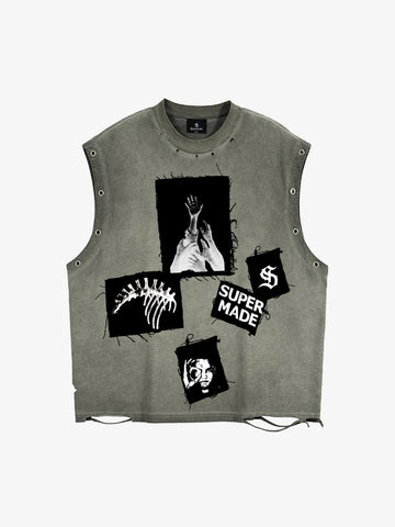 Ripped Graphic Patch Sleeveless Vest 