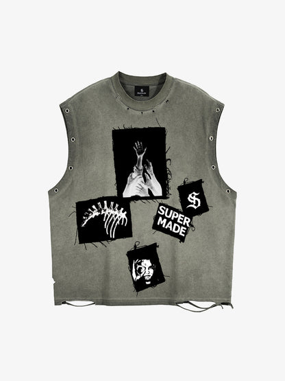 Ripped Graphic Patch Sleeveless Vest 
