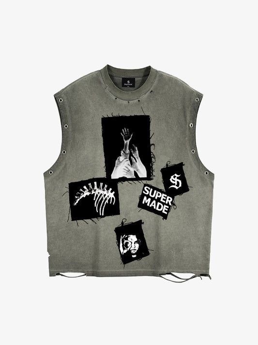 Ripped Graphic Patch Sleeveless Vest 