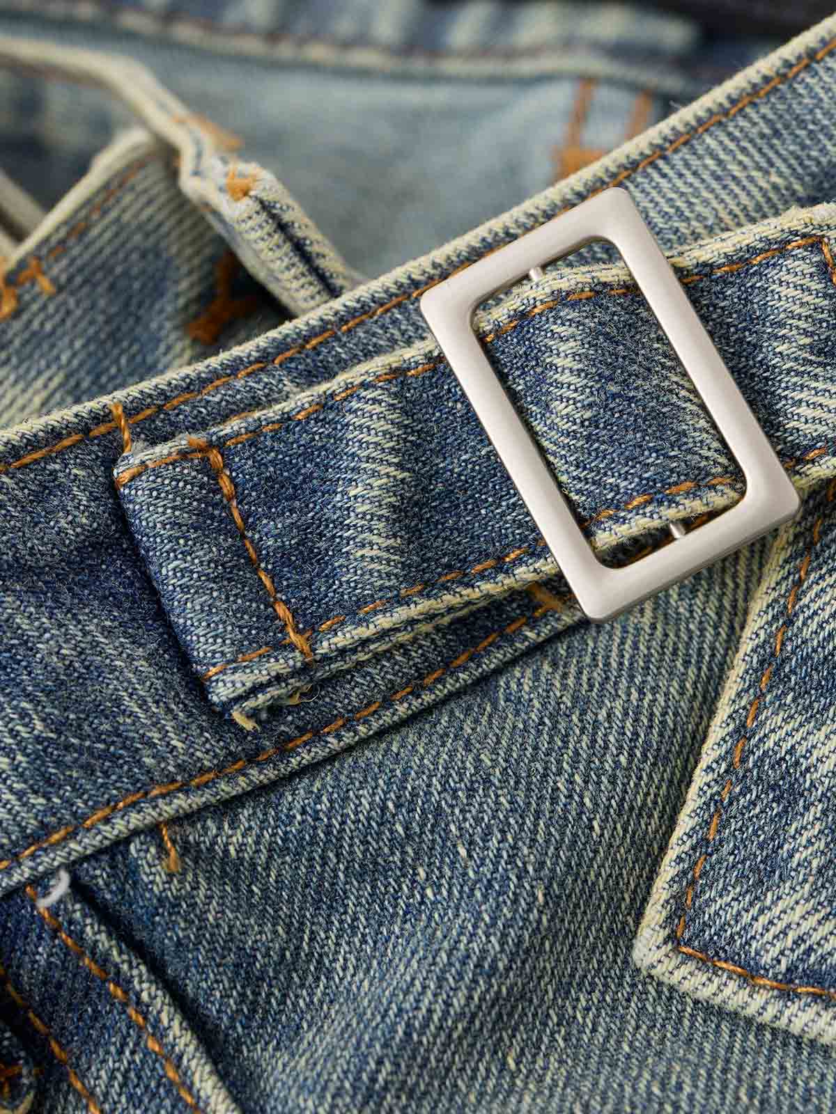 Tactical Buckle Washed Denim Shorts