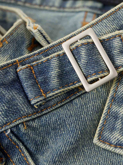 Tactical Buckle Washed Denim Shorts