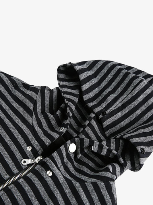 Detachable Fur Collar Striped Zip Up Hoodie 