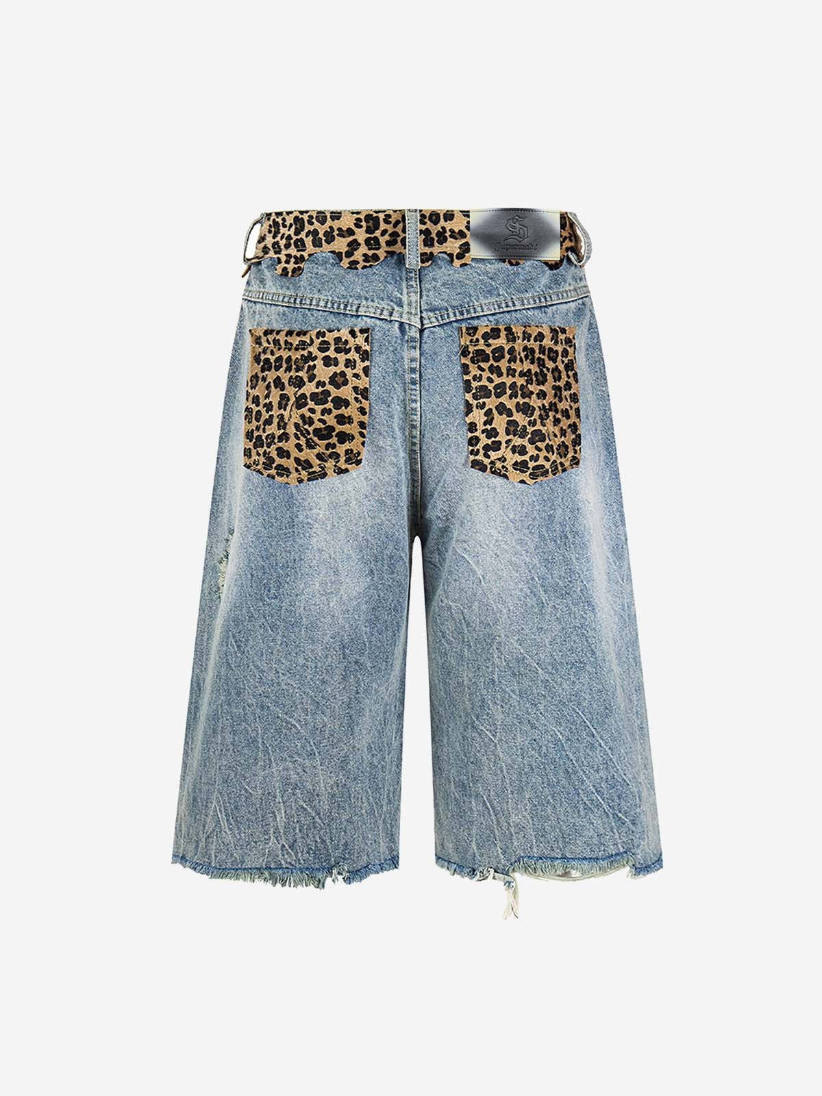 Vintage Leopard Panel Distressed Denim Shorts