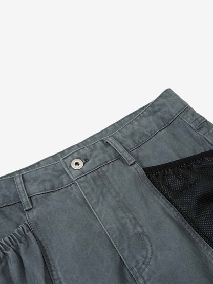 Industrial Grey Mesh Patchwork Multi-Pocket Cargo Pants 