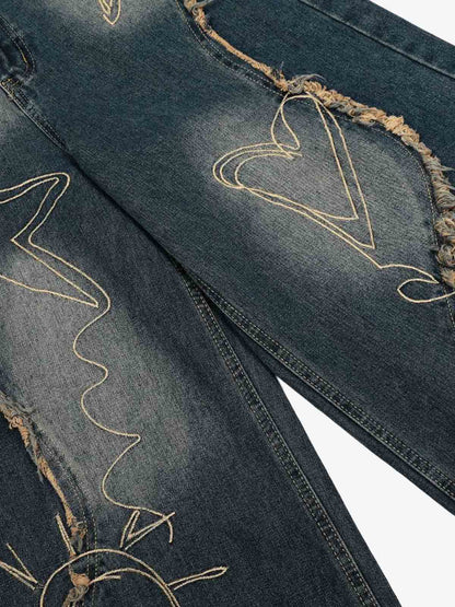 Vintage Embroidered Washed Raw-Edge Graffiti Scimitar Jeans 