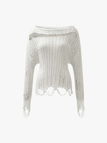 Distressed Pin Off-Shoulder Sweater